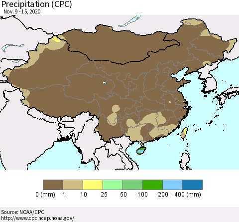 China, Mongolia and Taiwan Precipitation (CPC) Thematic Map For 11/9/2020 - 11/15/2020