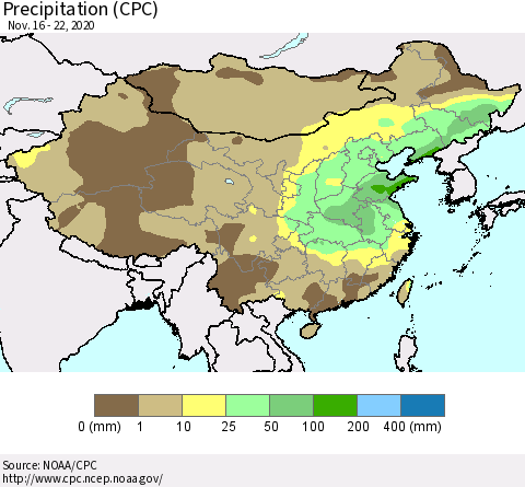 China, Mongolia and Taiwan Precipitation (CPC) Thematic Map For 11/16/2020 - 11/22/2020
