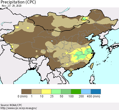 China, Mongolia and Taiwan Precipitation (CPC) Thematic Map For 11/23/2020 - 11/29/2020