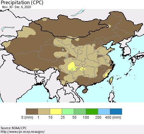 China and Taiwan Precipitation (CPC) Thematic Map For 11/30/2020 - 12/6/2020