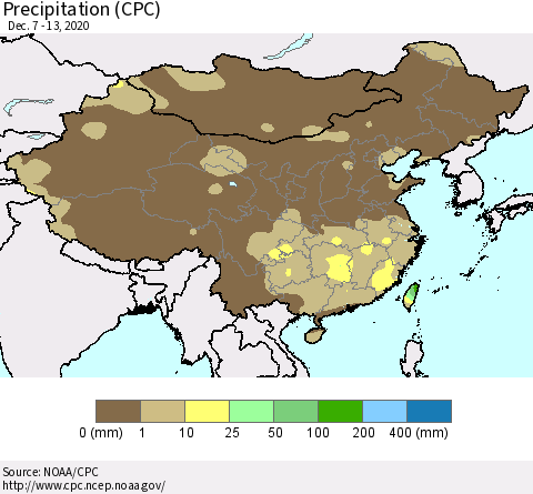 China and Taiwan Precipitation (CPC) Thematic Map For 12/7/2020 - 12/13/2020