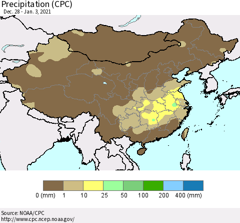 China, Mongolia and Taiwan Precipitation (CPC) Thematic Map For 12/28/2020 - 1/3/2021