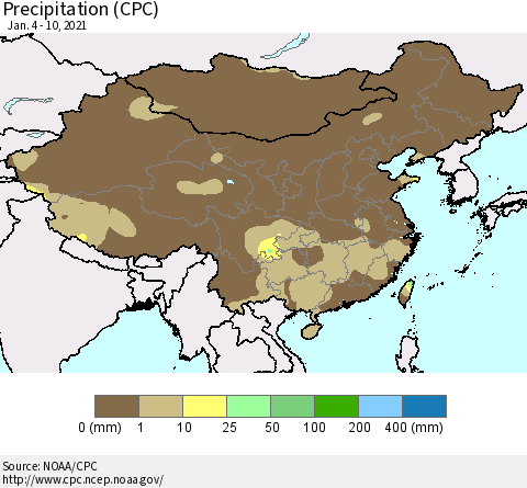 China, Mongolia and Taiwan Precipitation (CPC) Thematic Map For 1/4/2021 - 1/10/2021