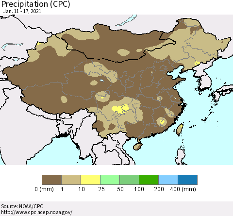 China and Taiwan Precipitation (CPC) Thematic Map For 1/11/2021 - 1/17/2021