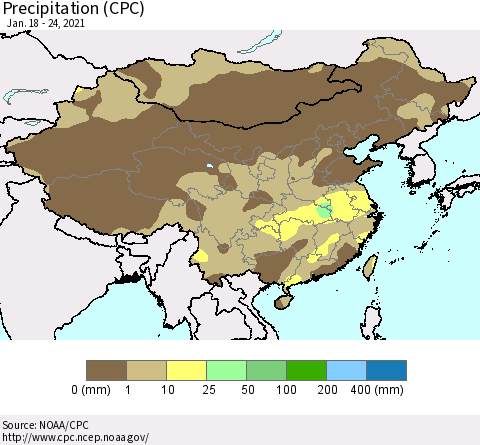 China and Taiwan Precipitation (CPC) Thematic Map For 1/18/2021 - 1/24/2021
