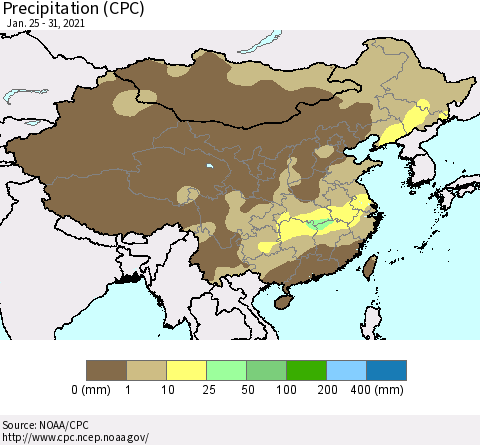 China and Taiwan Precipitation (CPC) Thematic Map For 1/25/2021 - 1/31/2021