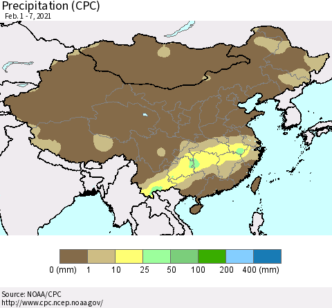 China and Taiwan Precipitation (CPC) Thematic Map For 2/1/2021 - 2/7/2021