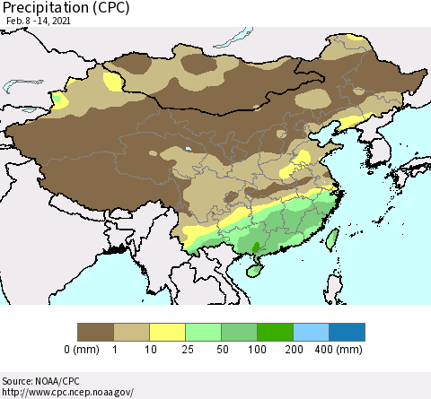 China and Taiwan Precipitation (CPC) Thematic Map For 2/8/2021 - 2/14/2021