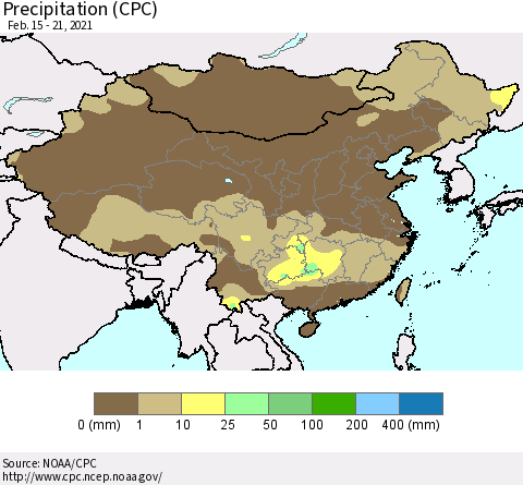 China, Mongolia and Taiwan Precipitation (CPC) Thematic Map For 2/15/2021 - 2/21/2021