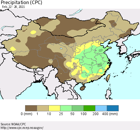 China and Taiwan Precipitation (CPC) Thematic Map For 2/22/2021 - 2/28/2021