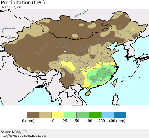 China and Taiwan Precipitation (CPC) Thematic Map For 3/1/2021 - 3/7/2021