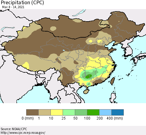 China and Taiwan Precipitation (CPC) Thematic Map For 3/8/2021 - 3/14/2021