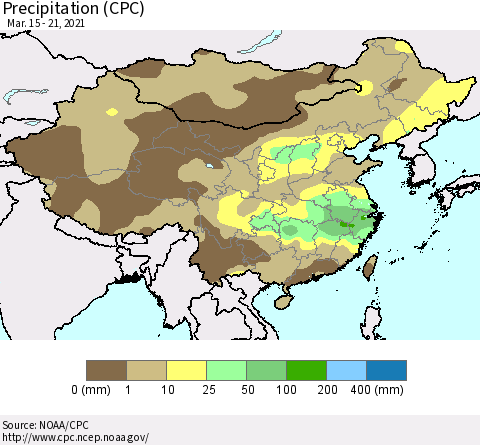 China and Taiwan Precipitation (CPC) Thematic Map For 3/15/2021 - 3/21/2021