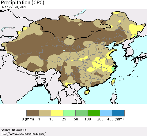 China and Taiwan Precipitation (CPC) Thematic Map For 3/22/2021 - 3/28/2021