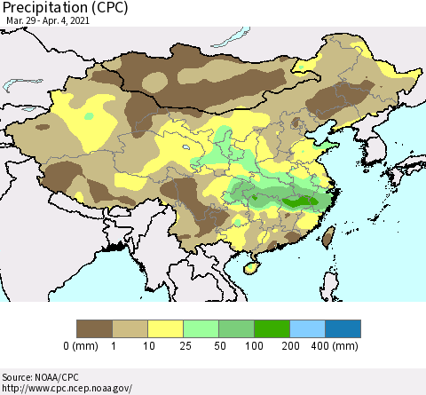 China and Taiwan Precipitation (CPC) Thematic Map For 3/29/2021 - 4/4/2021