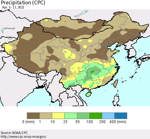China and Taiwan Precipitation (CPC) Thematic Map For 4/5/2021 - 4/11/2021