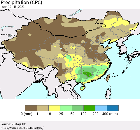 China, Mongolia and Taiwan Precipitation (CPC) Thematic Map For 4/12/2021 - 4/18/2021