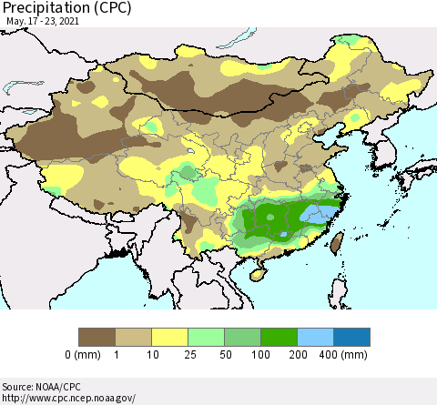 China and Taiwan Precipitation (CPC) Thematic Map For 5/17/2021 - 5/23/2021