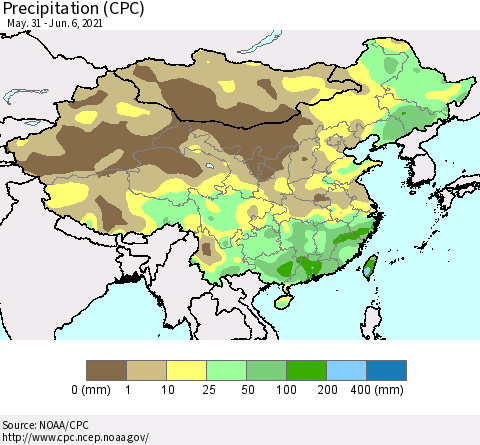 China and Taiwan Precipitation (CPC) Thematic Map For 5/31/2021 - 6/6/2021