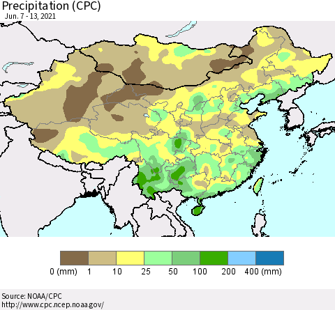 China and Taiwan Precipitation (CPC) Thematic Map For 6/7/2021 - 6/13/2021