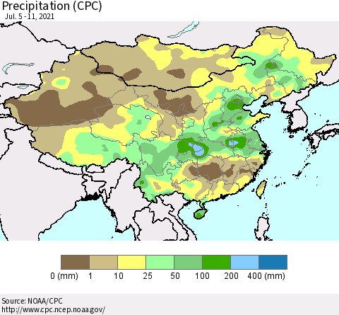 China, Mongolia and Taiwan Precipitation (CPC) Thematic Map For 7/5/2021 - 7/11/2021