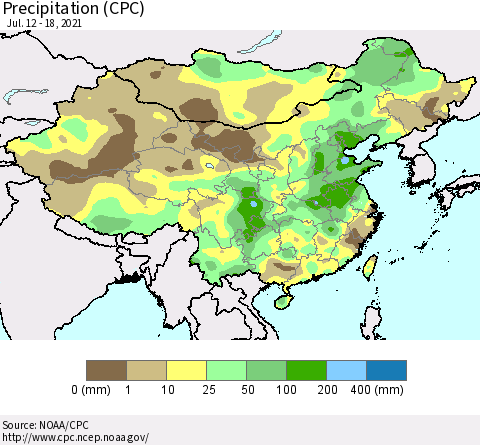 China, Mongolia and Taiwan Precipitation (CPC) Thematic Map For 7/12/2021 - 7/18/2021