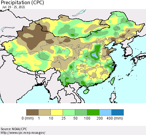 China, Mongolia and Taiwan Precipitation (CPC) Thematic Map For 7/19/2021 - 7/25/2021