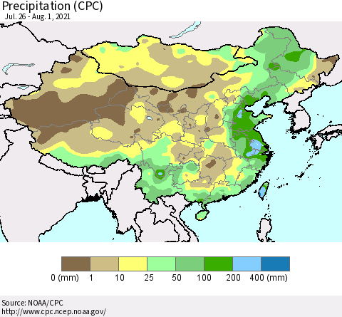 China, Mongolia and Taiwan Precipitation (CPC) Thematic Map For 7/26/2021 - 8/1/2021