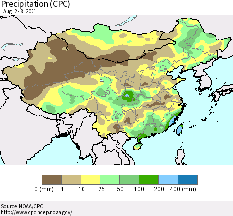 China, Mongolia and Taiwan Precipitation (CPC) Thematic Map For 8/2/2021 - 8/8/2021