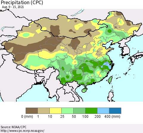 China, Mongolia and Taiwan Precipitation (CPC) Thematic Map For 8/9/2021 - 8/15/2021