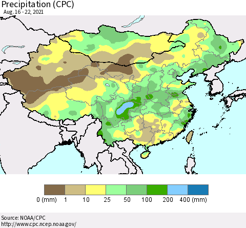 China, Mongolia and Taiwan Precipitation (CPC) Thematic Map For 8/16/2021 - 8/22/2021