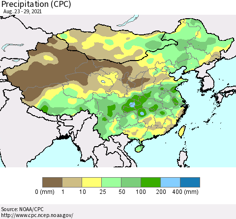 China, Mongolia and Taiwan Precipitation (CPC) Thematic Map For 8/23/2021 - 8/29/2021