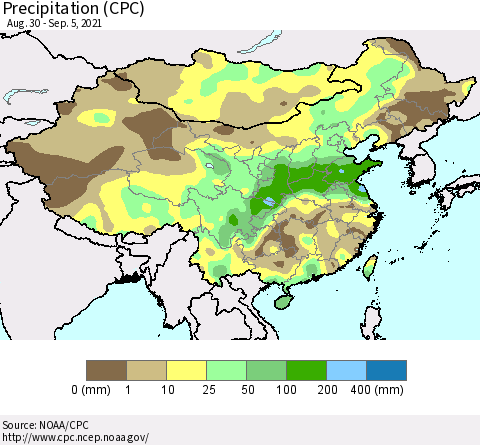 China, Mongolia and Taiwan Precipitation (CPC) Thematic Map For 8/30/2021 - 9/5/2021