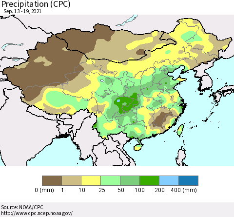 China, Mongolia and Taiwan Precipitation (CPC) Thematic Map For 9/13/2021 - 9/19/2021