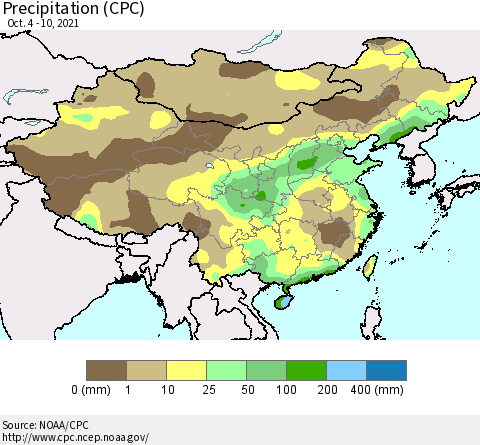 China and Taiwan Precipitation (CPC) Thematic Map For 10/4/2021 - 10/10/2021