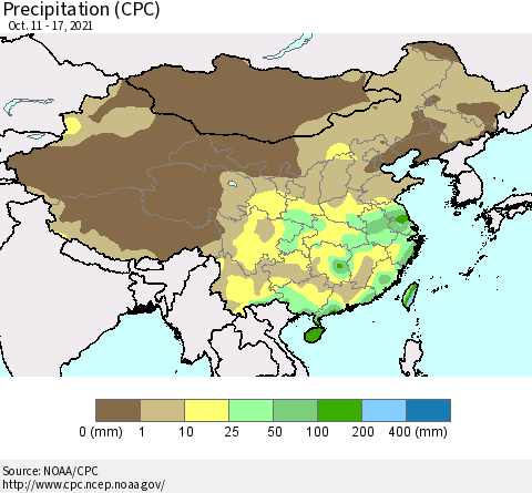 China and Taiwan Precipitation (CPC) Thematic Map For 10/11/2021 - 10/17/2021