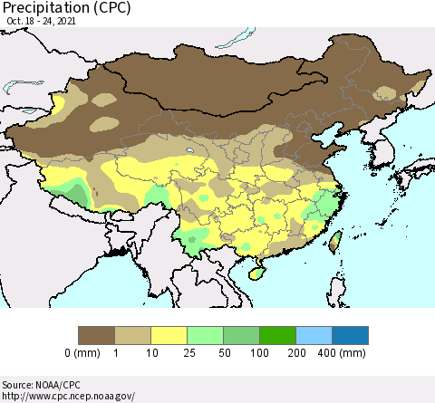 China and Taiwan Precipitation (CPC) Thematic Map For 10/18/2021 - 10/24/2021