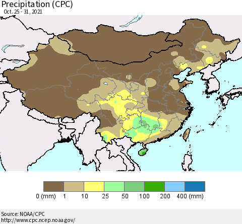 China, Mongolia and Taiwan Precipitation (CPC) Thematic Map For 10/25/2021 - 10/31/2021
