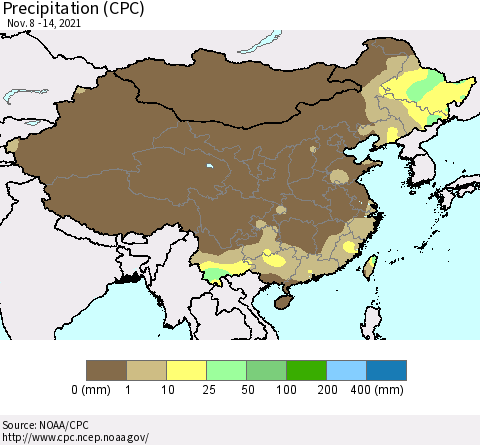 China, Mongolia and Taiwan Precipitation (CPC) Thematic Map For 11/8/2021 - 11/14/2021