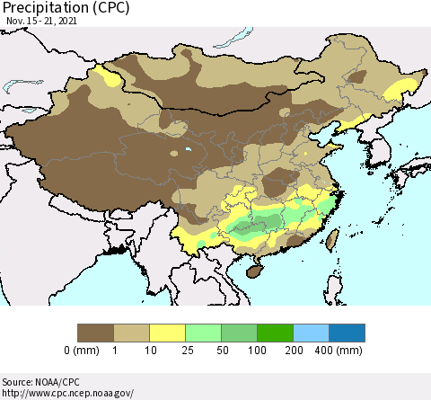 China and Taiwan Precipitation (CPC) Thematic Map For 11/15/2021 - 11/21/2021