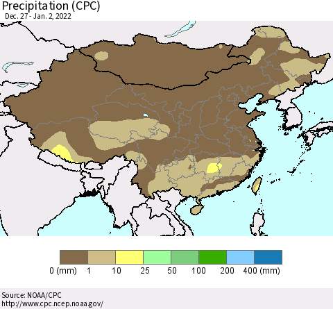 China and Taiwan Precipitation (CPC) Thematic Map For 12/27/2021 - 1/2/2022