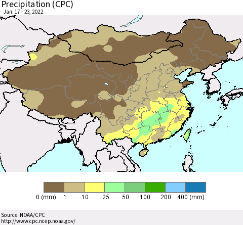 China and Taiwan Precipitation (CPC) Thematic Map For 1/17/2022 - 1/23/2022