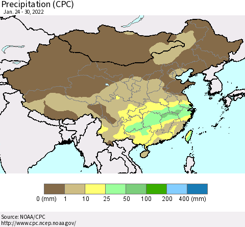 China, Mongolia and Taiwan Precipitation (CPC) Thematic Map For 1/24/2022 - 1/30/2022