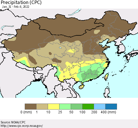 China, Mongolia and Taiwan Precipitation (CPC) Thematic Map For 1/31/2022 - 2/6/2022