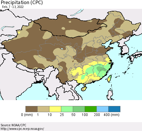 China and Taiwan Precipitation (CPC) Thematic Map For 2/7/2022 - 2/13/2022
