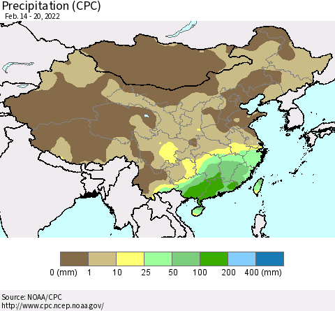 China and Taiwan Precipitation (CPC) Thematic Map For 2/14/2022 - 2/20/2022