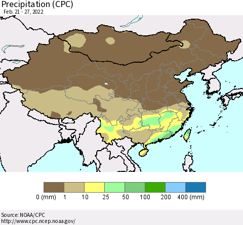 China, Mongolia and Taiwan Precipitation (CPC) Thematic Map For 2/21/2022 - 2/27/2022