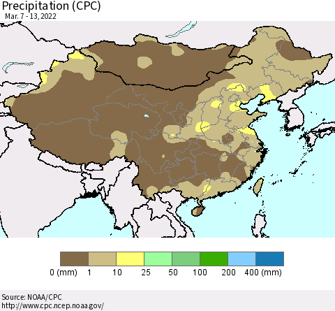 China and Taiwan Precipitation (CPC) Thematic Map For 3/7/2022 - 3/13/2022