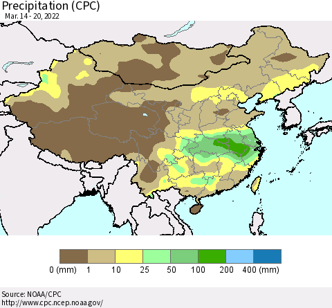 China and Taiwan Precipitation (CPC) Thematic Map For 3/14/2022 - 3/20/2022