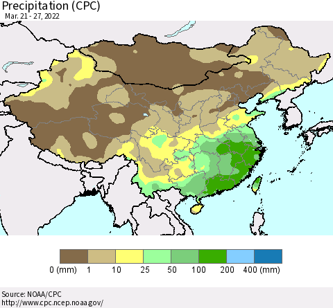 China and Taiwan Precipitation (CPC) Thematic Map For 3/21/2022 - 3/27/2022